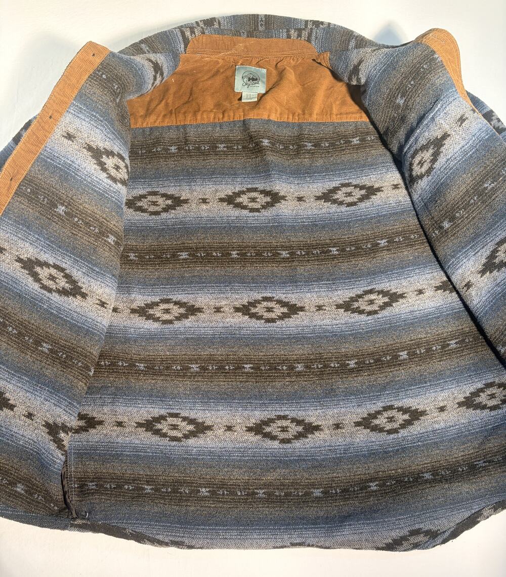 Pendleton-Inspired Blue and Brown Patterned Lightweight Shirt Jacket